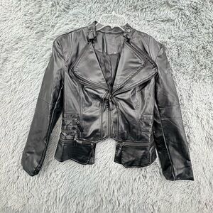 Leather Faux Jacket Womens Small Biker Moto Cropped Slim Fit Zippers Black
